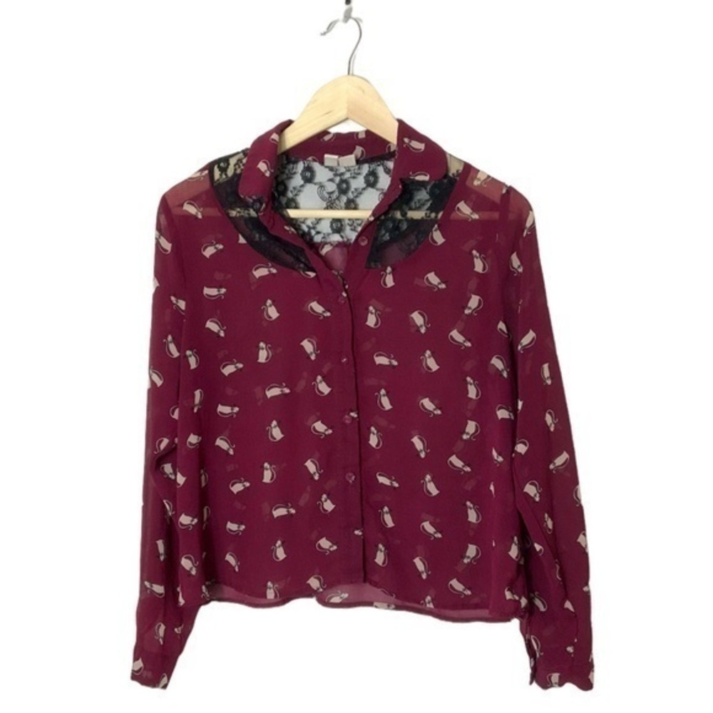Y2K Cat print blouse sheer lace embellished‎ button top Medium